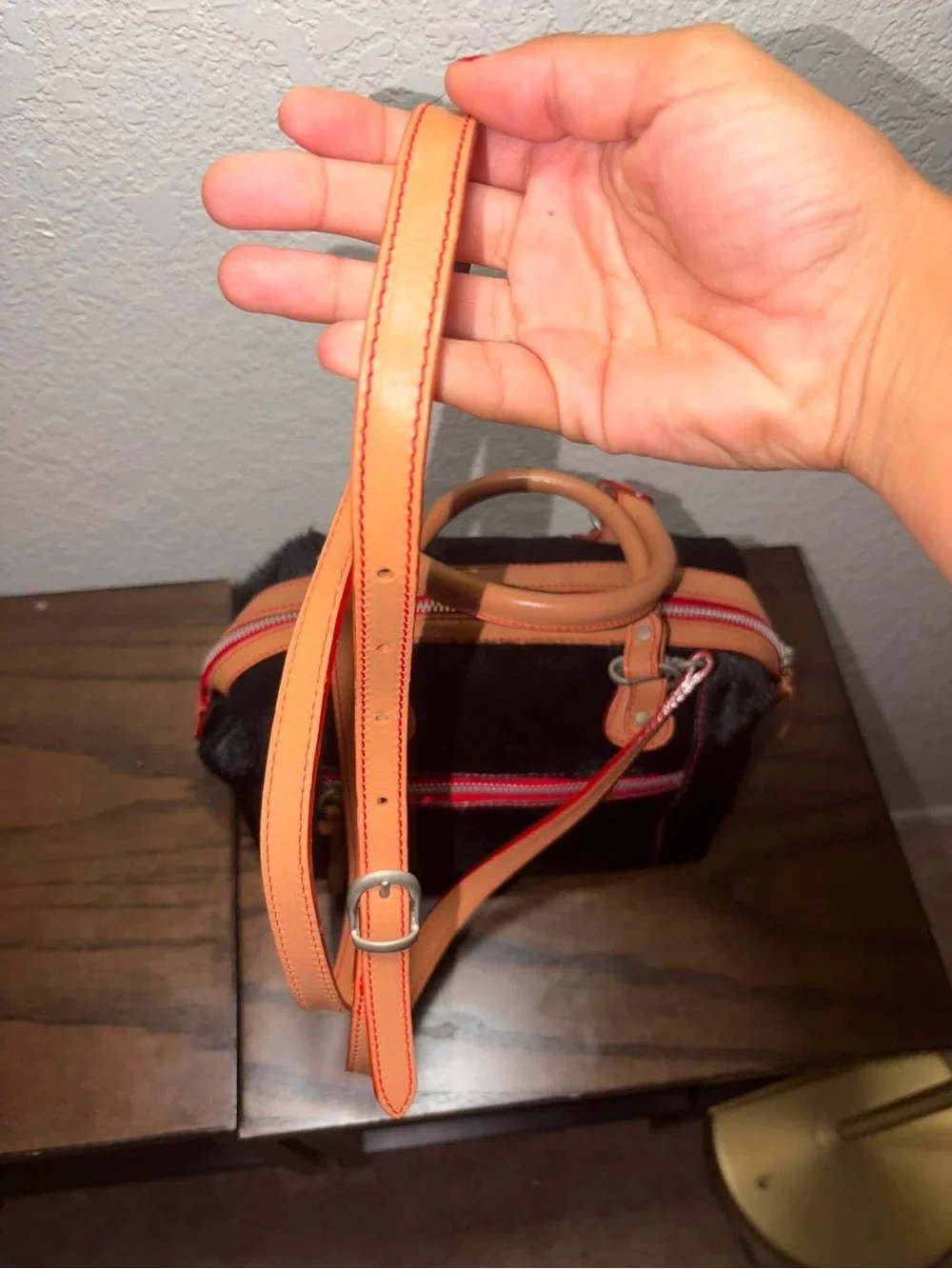 Rare Dooney and Burke Black Faux-Hair Satchel with Tan & Coral Trim